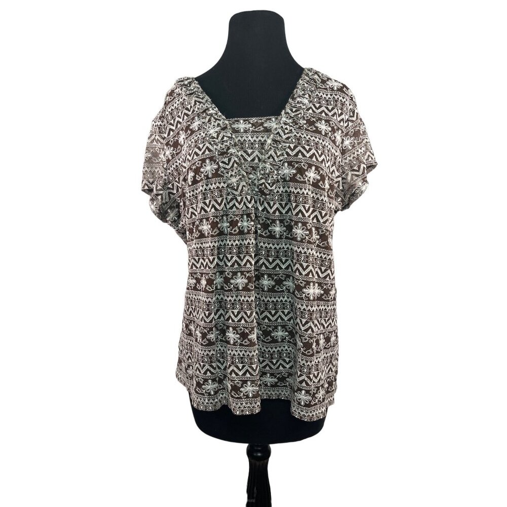 Liz Claiborne Womens XL Brown White Embroidered Short Sleeve Layered Geometric T